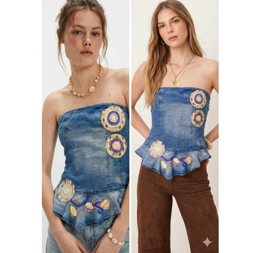 Lulumari Blue Denim Strapless Peplum Top with Embroidered Medallions